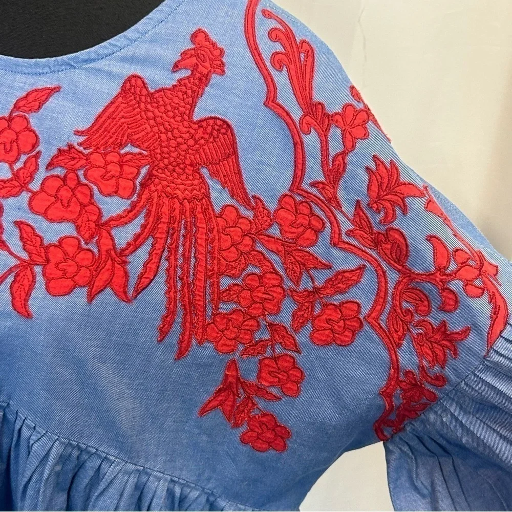 Anthropologie Hemant & Nandita Women's blue red Embroidered Lianna Top Blouse S - Picture 10 of 14